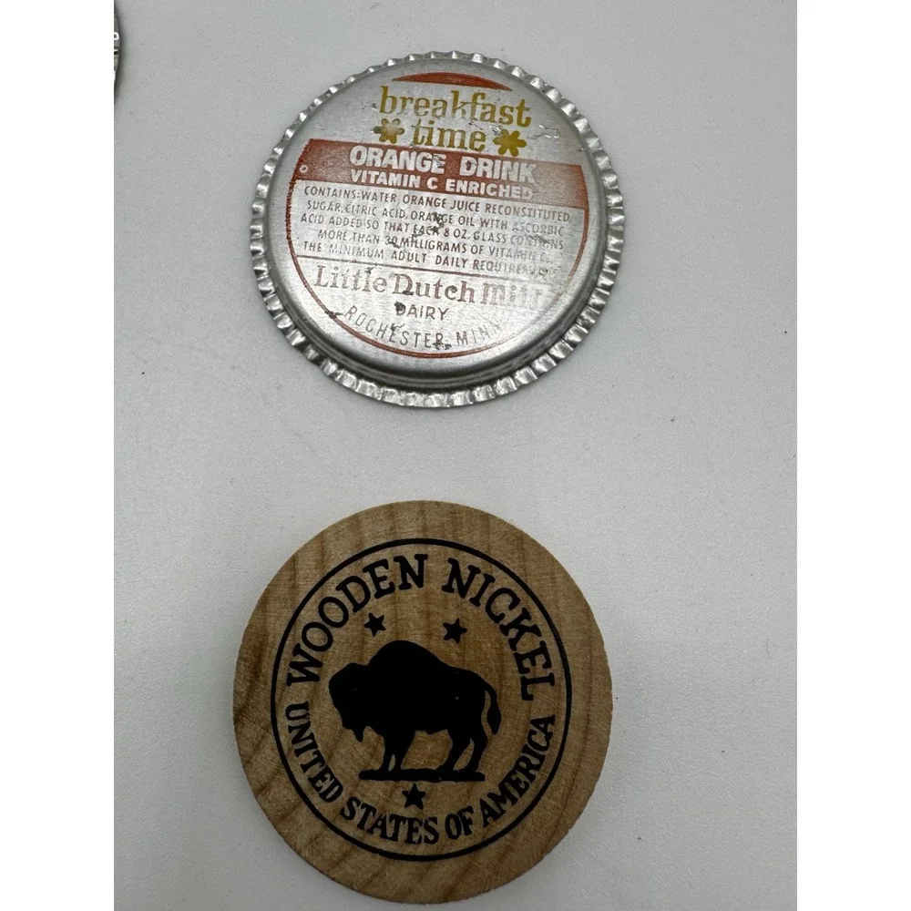 Vintage Advertising Lot Roberts Milk Caps Sambos Coffee Token Wooden Nickels 6pc